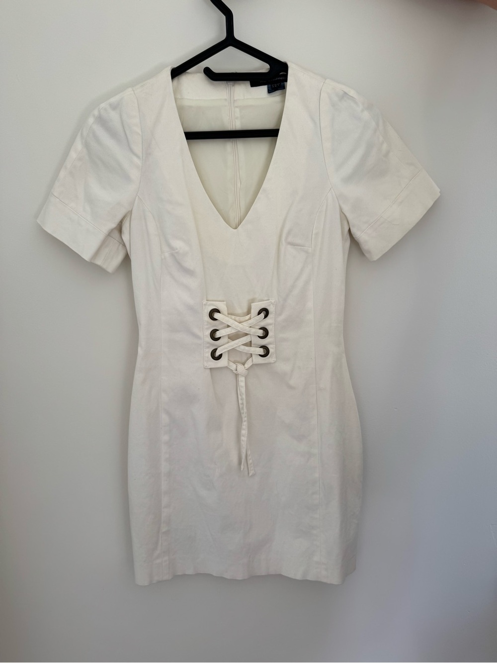 French Connection Ivory Lace-Up V-Neck Mini Dress